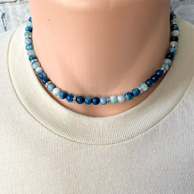 Mens Cobalt Blue Fire Agate Beaded Necklace