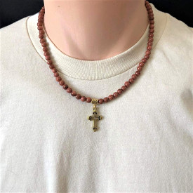 Mens Goldstone Beaded Necklace with Gold Cross