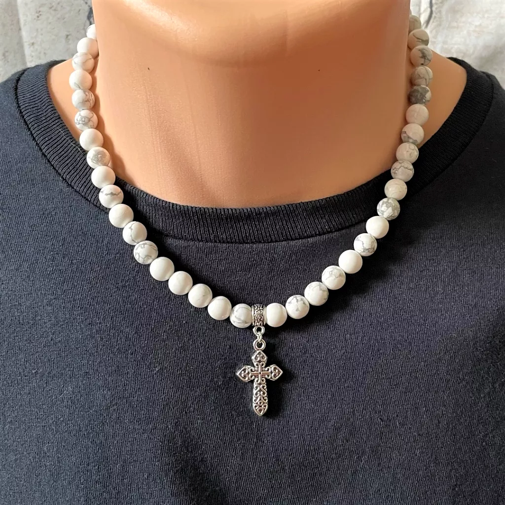 Mens Magnesite Beaded Necklace with Silver Cross