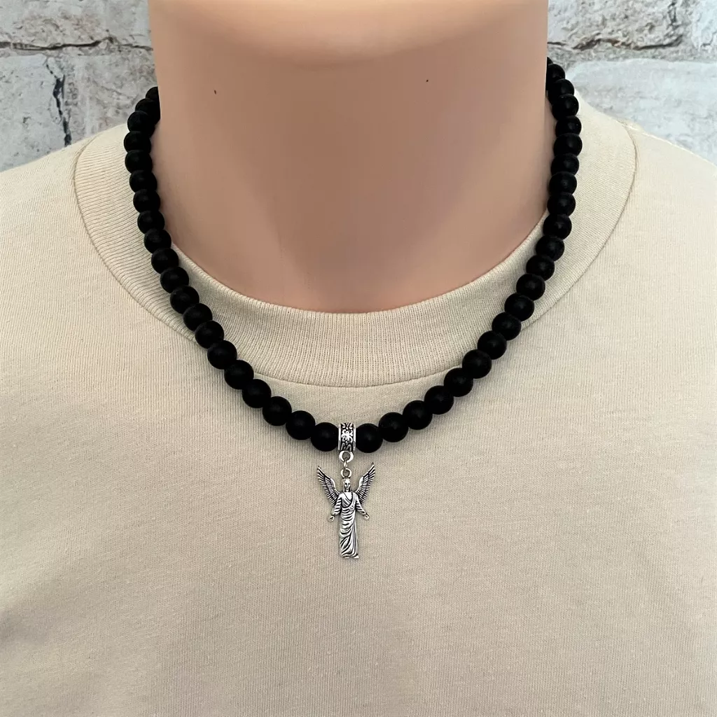 Mens Matte Black Onyx and Silver Arc Angel Beaded Necklace