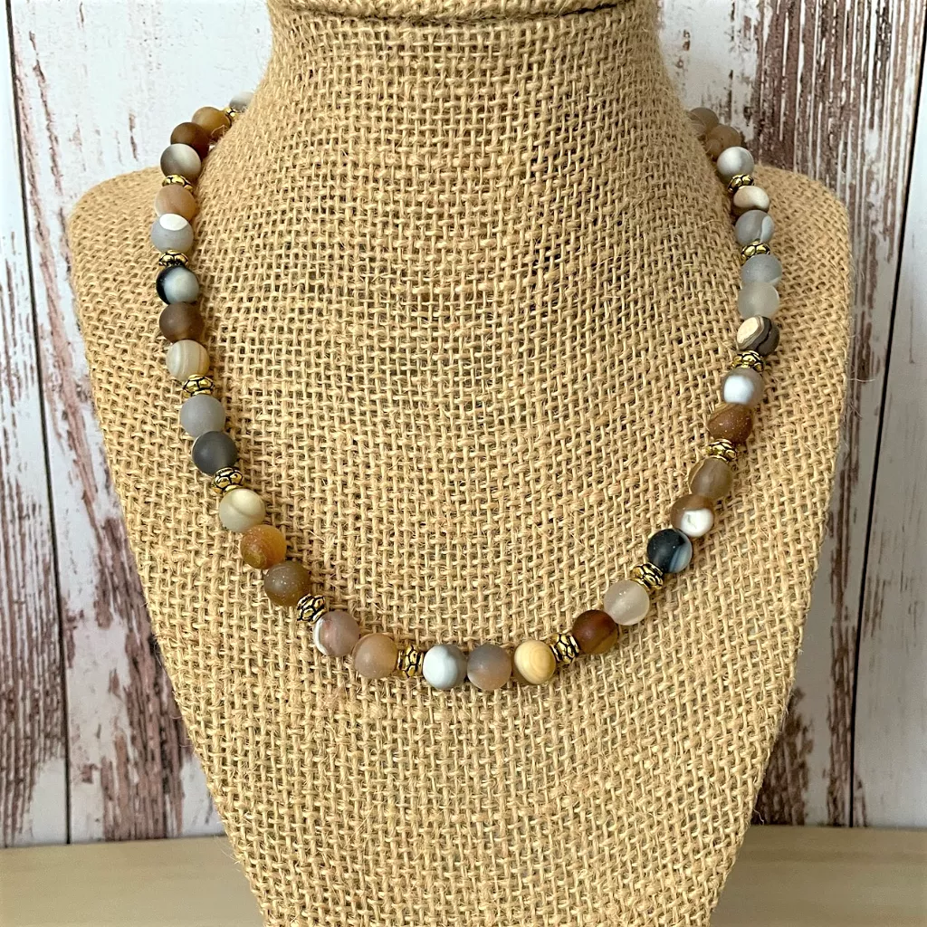 Mens Matte Blaze Agate and Gold Beaded Necklace