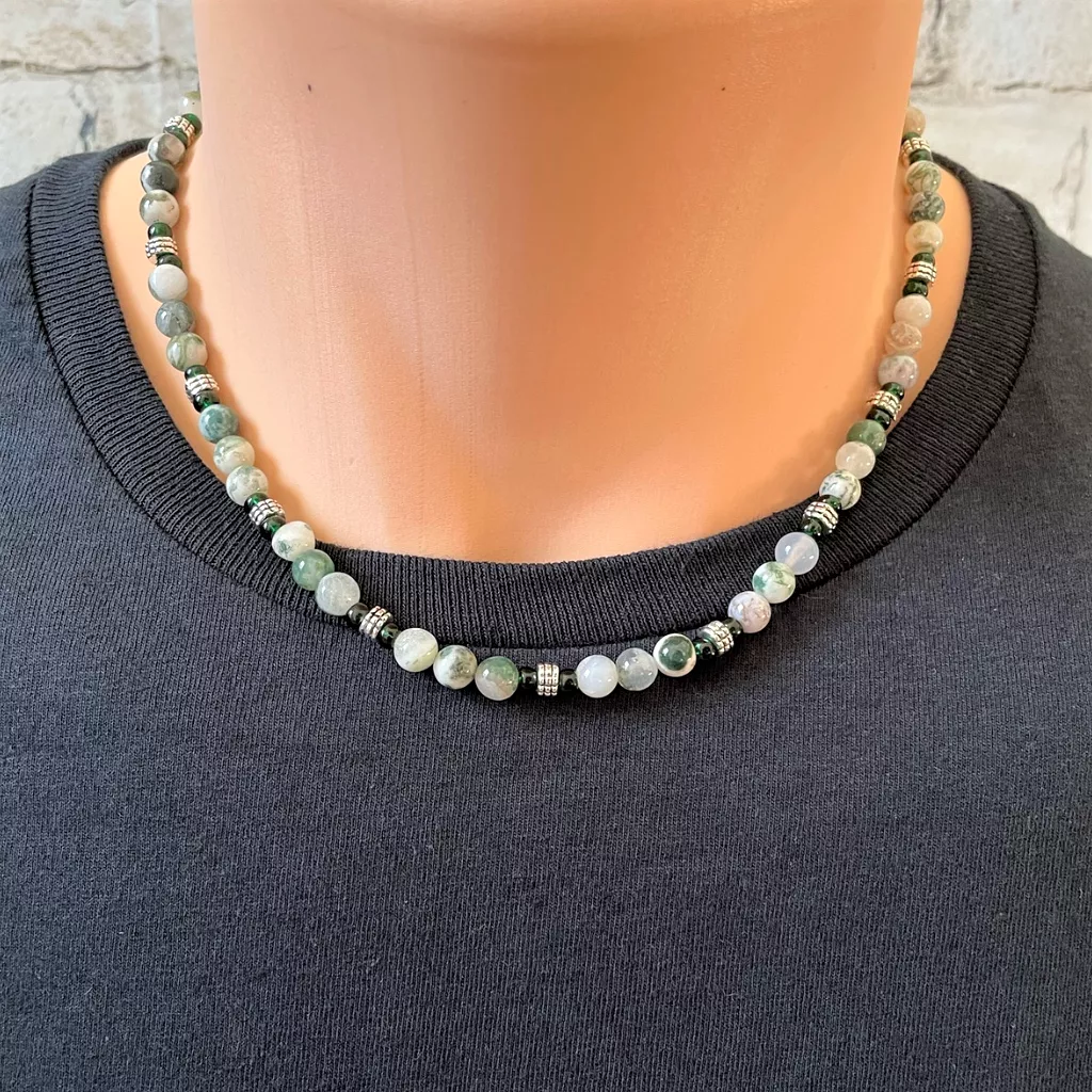 Mens Tree Agate Beaded Necklace