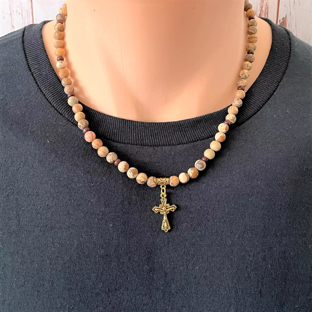 Picture Jasper and Brown Toho Gold Cross Beaded Mens Necklace