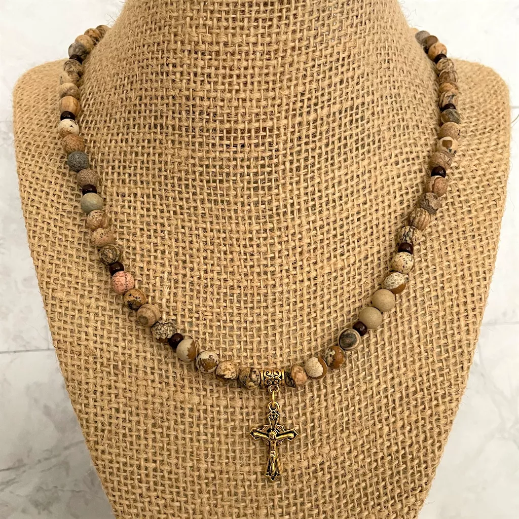 Picture Jasper and Brown Toho Gold Cross Beaded Mens Necklace