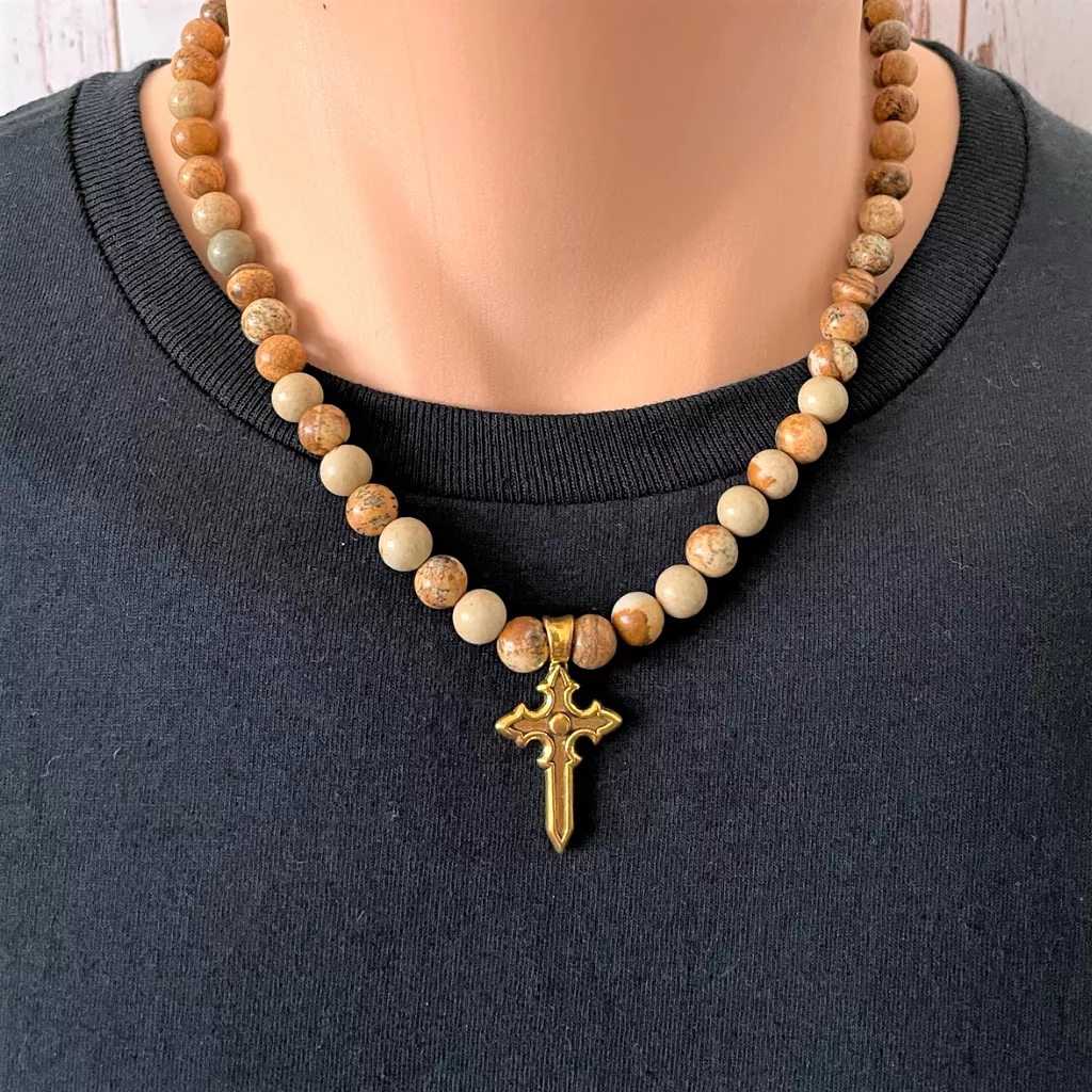 Picture Jasper and Gold Cross Mens Beaded Necklace