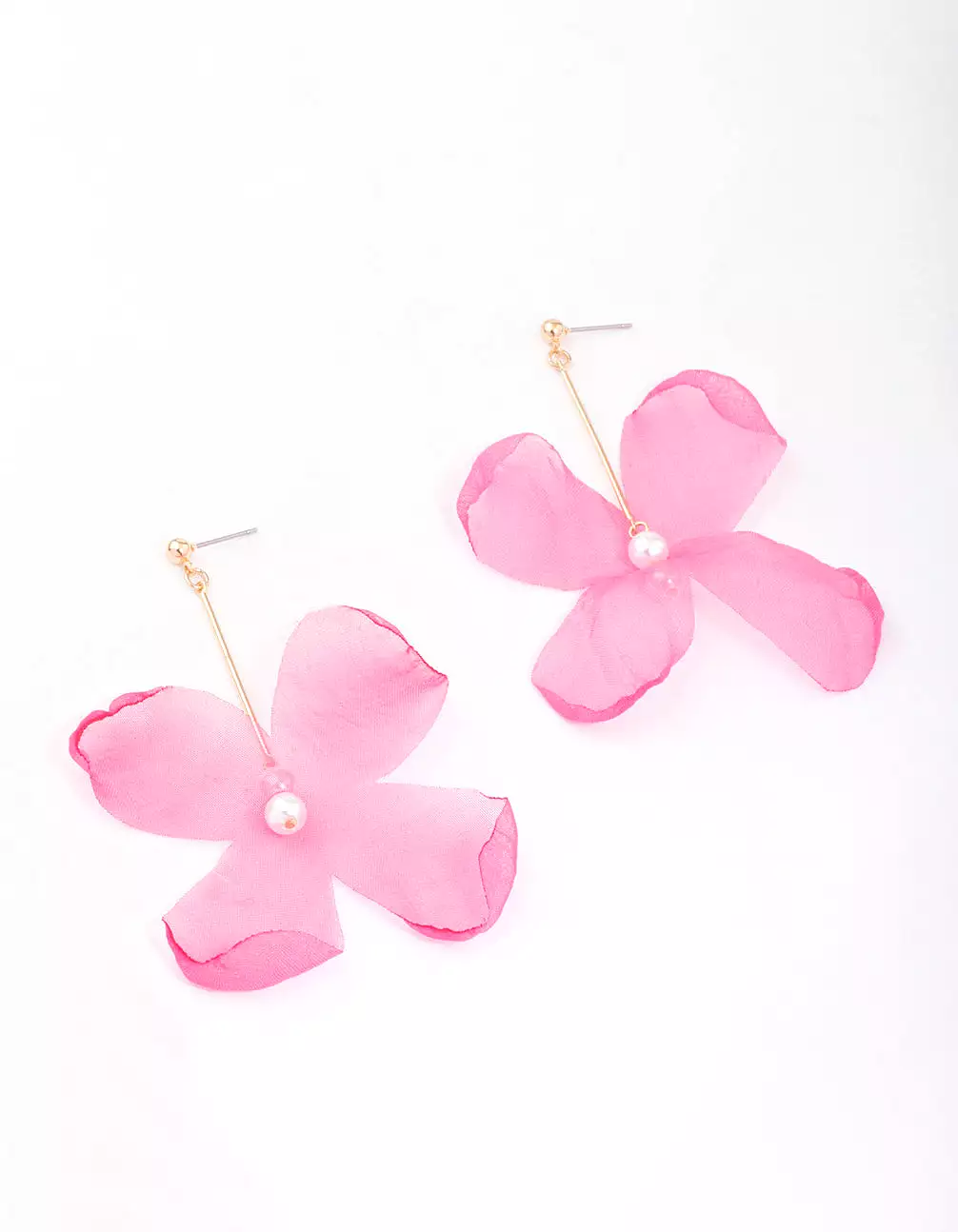 Pink Diamante & Pearl Fabric Flower Drop Earrings