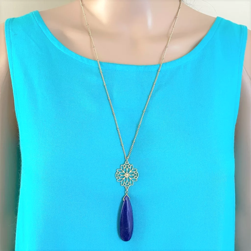 Purple Teardrop Long Gold Chain Necklace