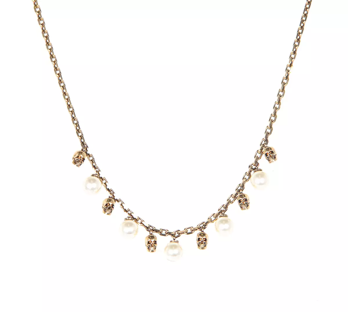 Short Pearl Skull Necklace, Gold