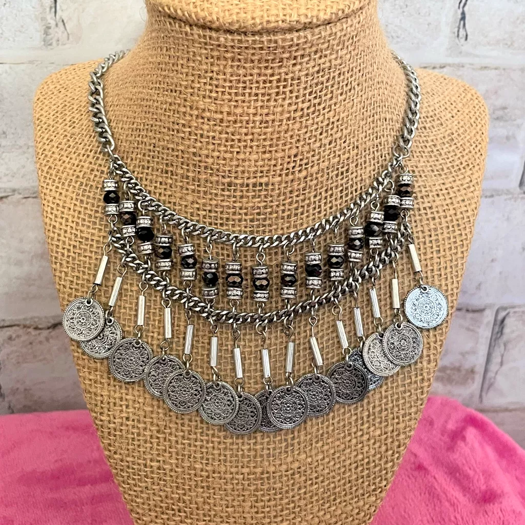 Silver Coin Boho Beaded Fringe Necklace