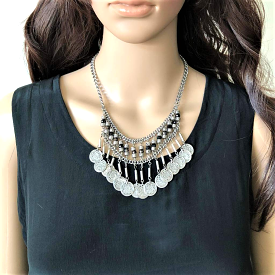 Silver Coin Boho Beaded Fringe Necklace