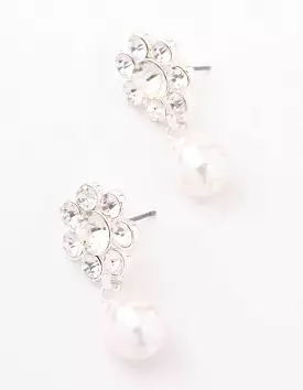 Silver Diamante Flower Pearl Drop Earrings