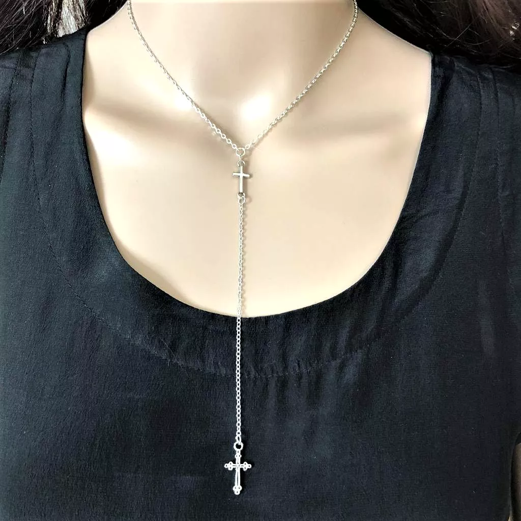 Silver Double Cross Drop Chain Necklace