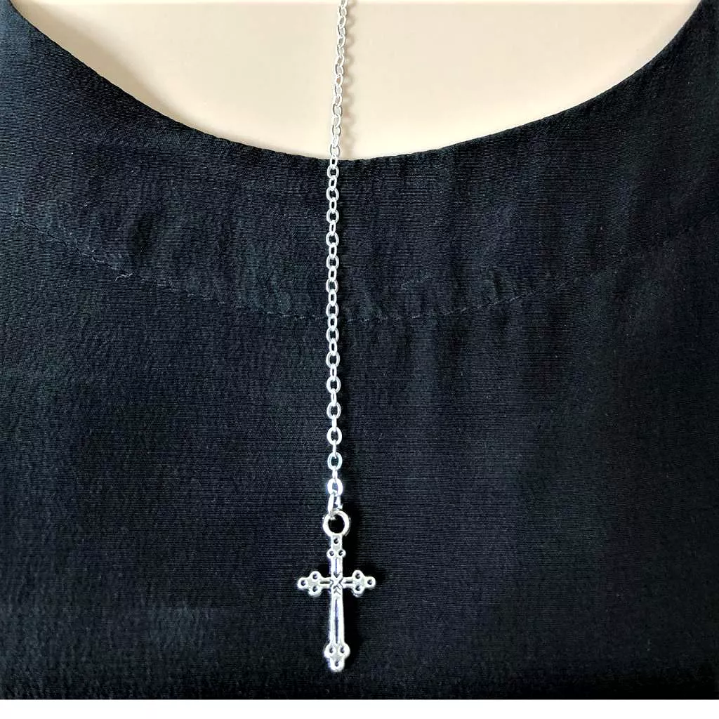 Silver Double Cross Drop Chain Necklace