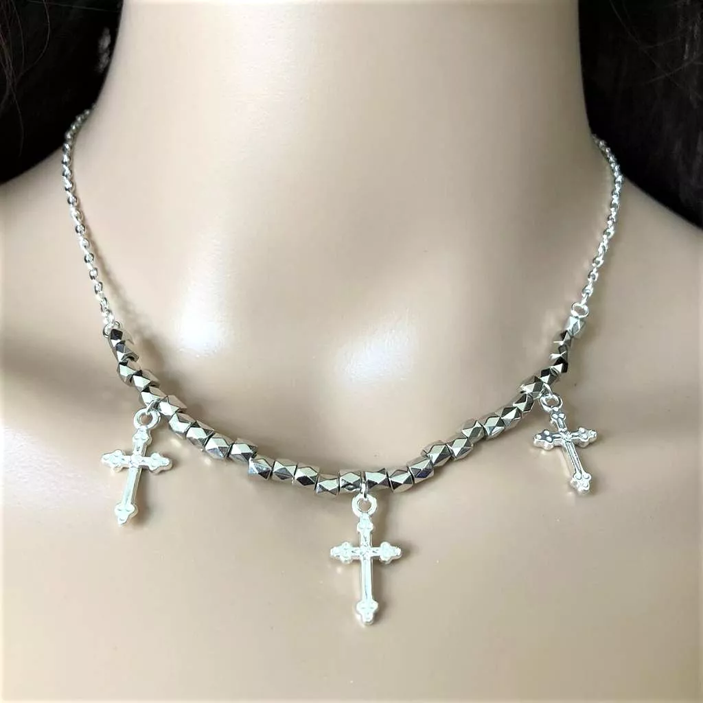 Silver Multi Cross Chain Necklace