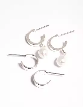 Silver Simple Pearl Huggie Earrings Pack