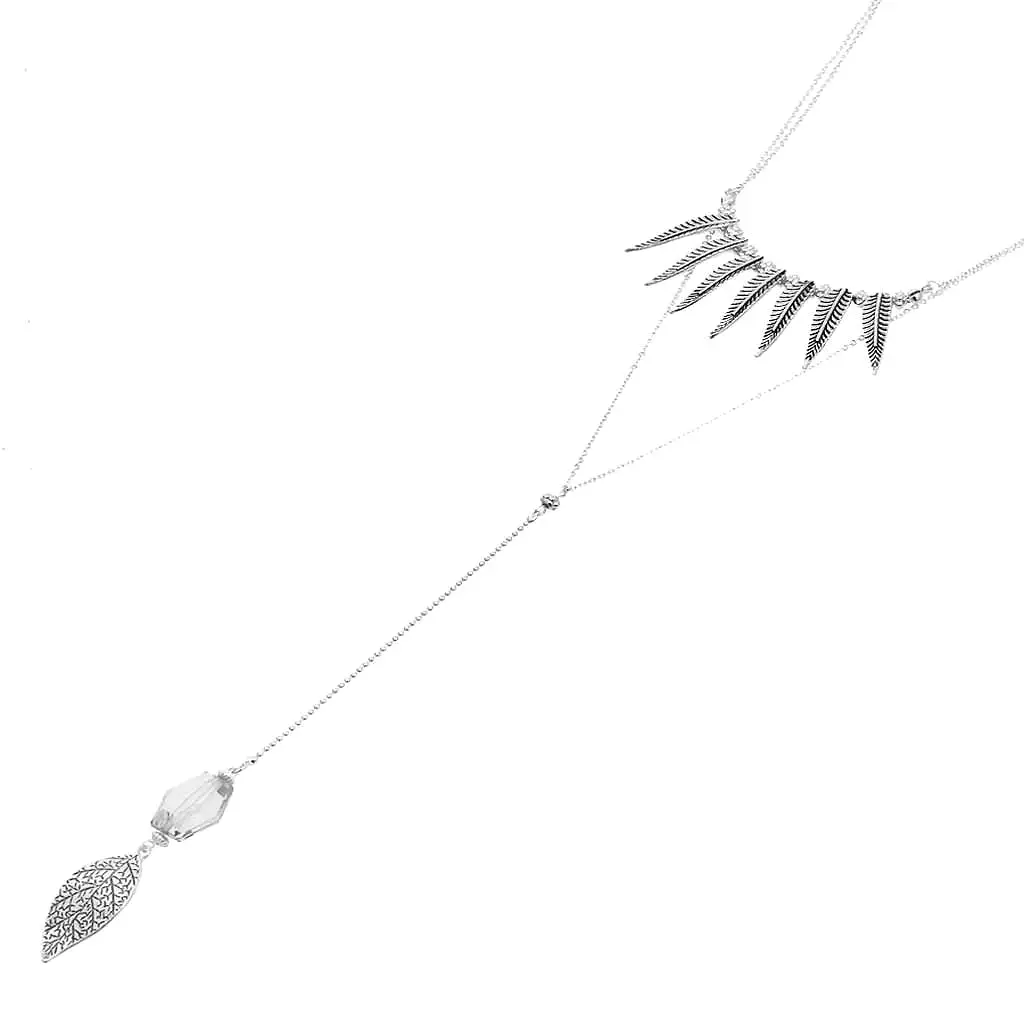 Silver Textured Leaf Boho Long Pendant Necklace