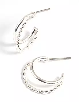 Silver Twisted Huggie Hoop Earrings