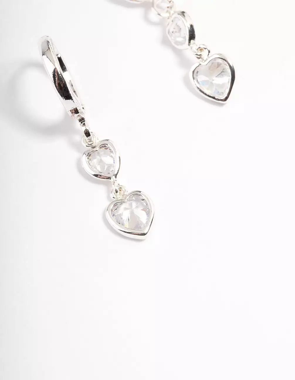 Silver Two Heart Drop Huggie Earrings