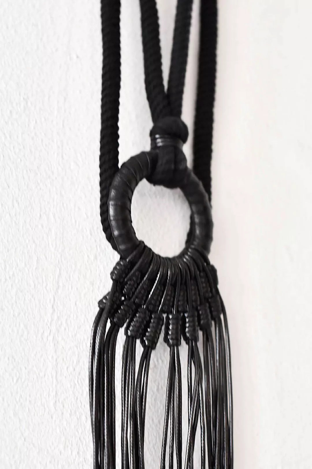 Single Circle Long Black Leather Necklace