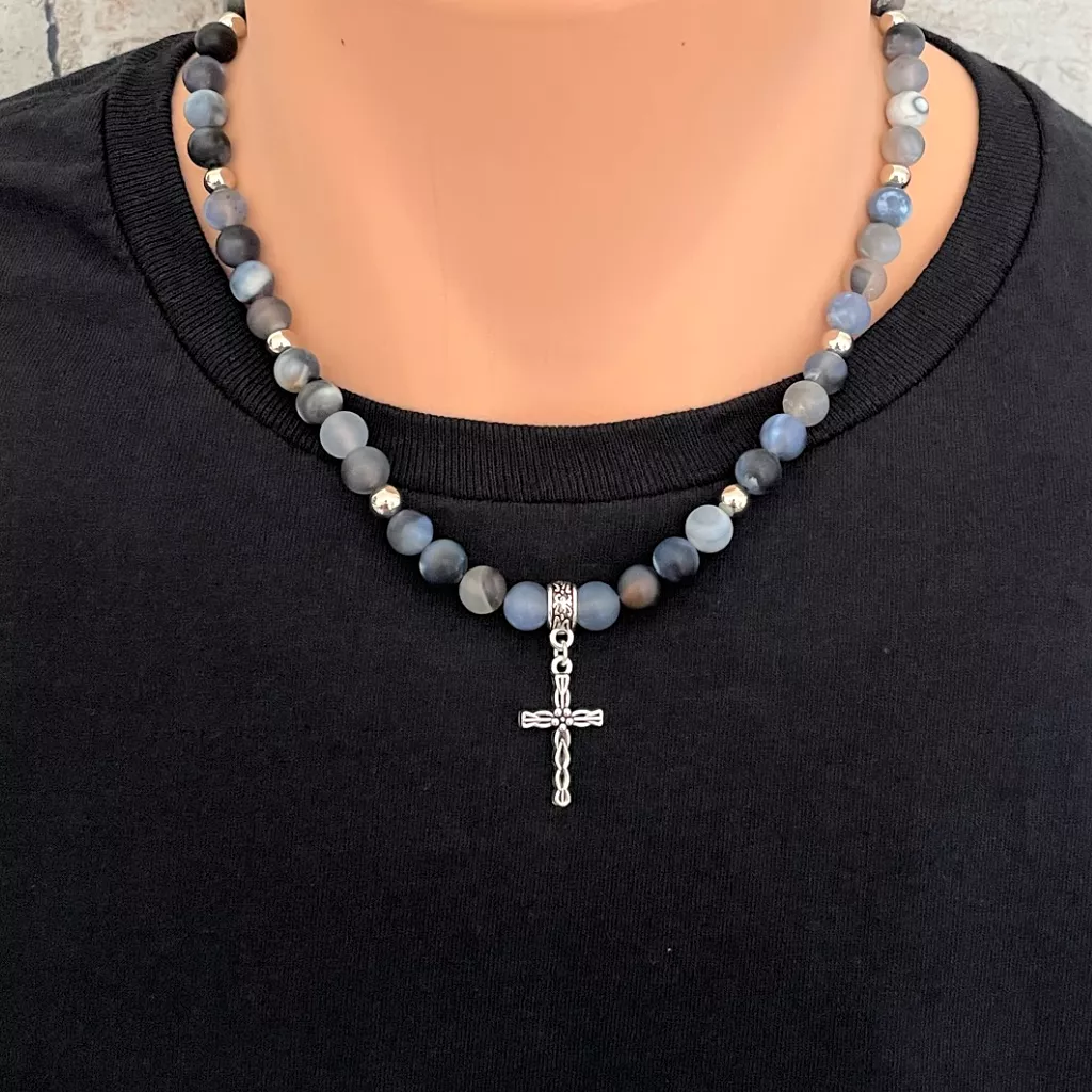 Storm Line Matte Agate and Silver Cross Mens Necklace