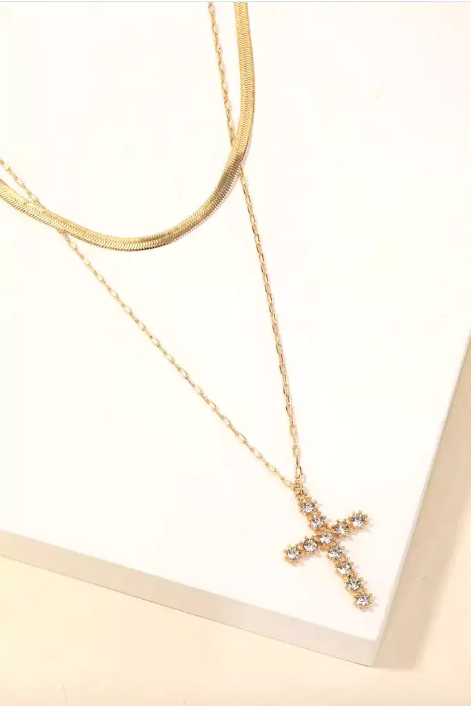 Studded Cross Pendant Layered Chain Necklace