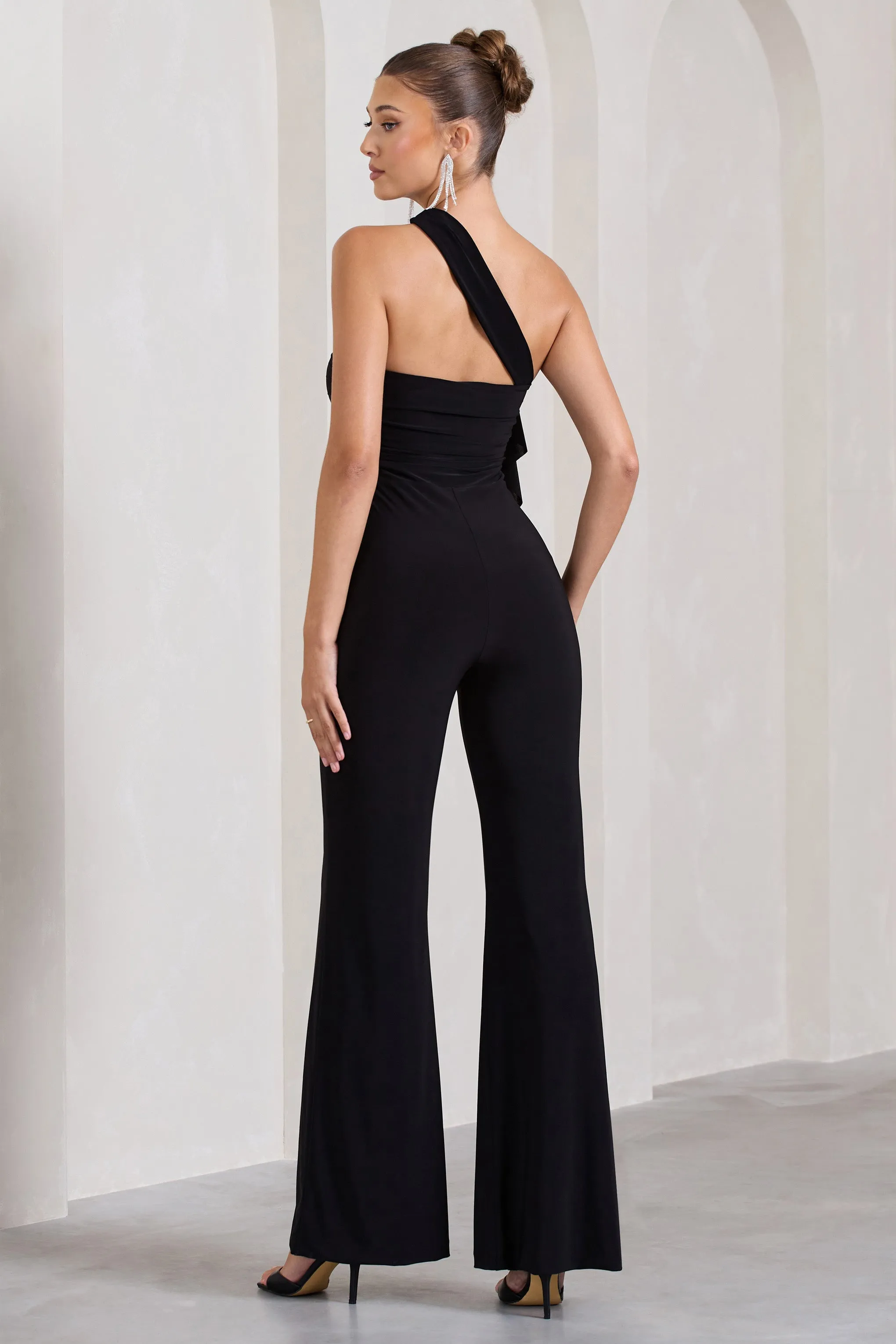 Tia | Black Asymmetric Sleeveless Flared-Leg Jumpsuit With Flowers