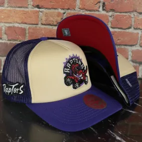 Toronto Raptors Vintage Raptors wordmark red Bottom 2-Tone Foam Trucker Hat | Purple/Off-White Mitchell and Ness Hat