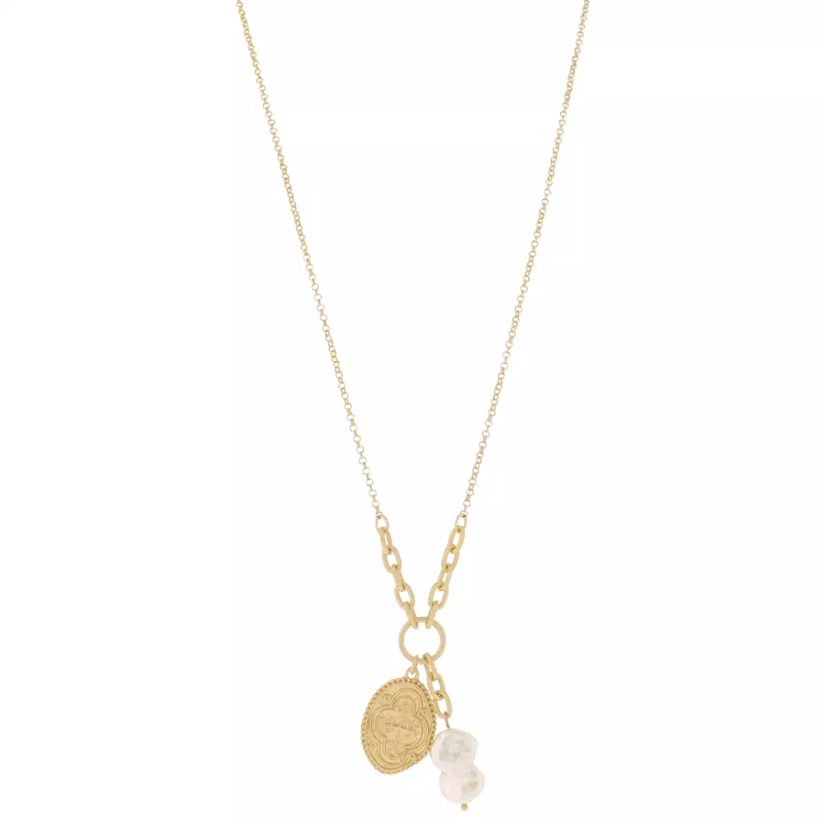 TWIST CABLE CHAIN PORTION, JUMPRING, GOLD CROSS COIN & CHUNKY PEARL NECKLACE, 1, 1.5 PENDANTS