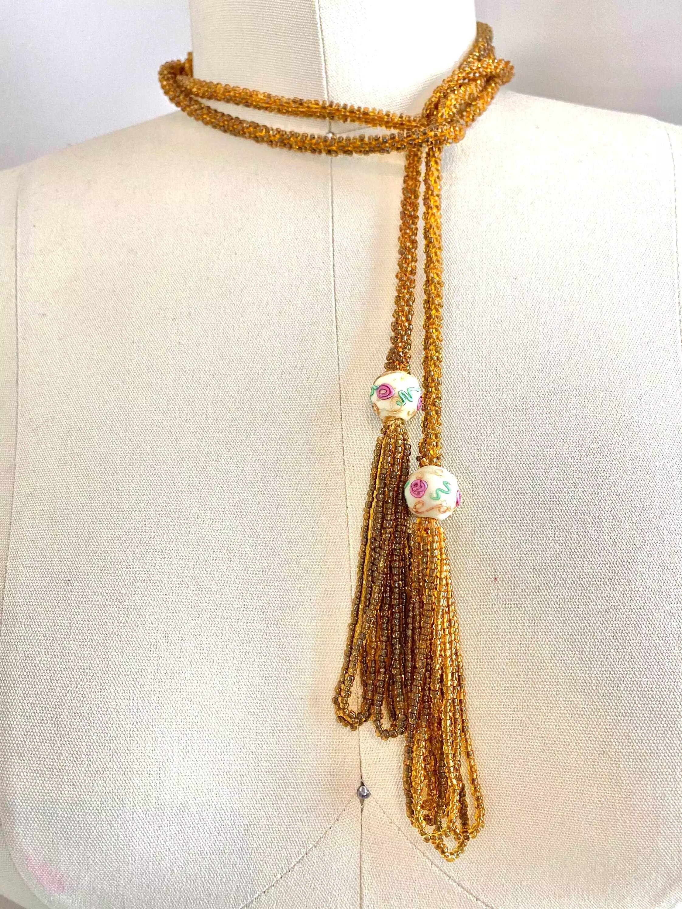 Vintage 1920s Necklace / 20s jewelry lariat cloisonné long tassel necklace