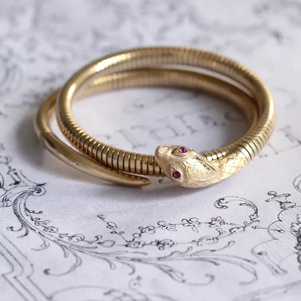 Vintage 9ct Gold Snake Bangle with Ruby Eyes