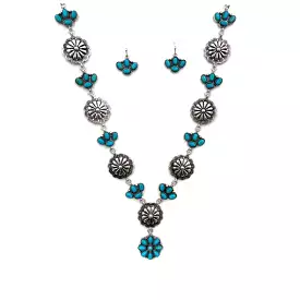 Western Concho Flower Charm Link Turquoise Necklace Earrings