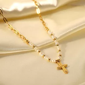 Women's Pearl Cross Pendant Necklace